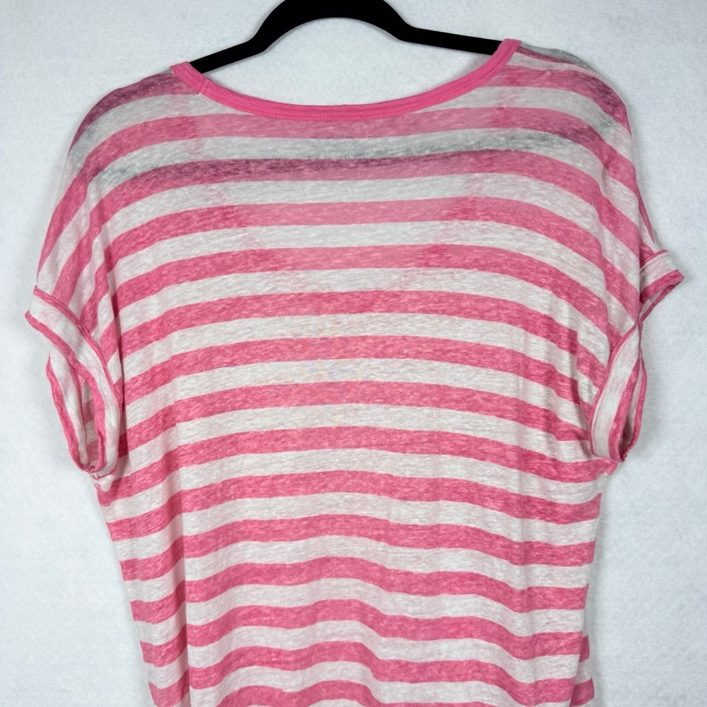 LOFT Linen Pink White Striped Short Sleeve Scoop Neck Top Large - Picture 6 of 7